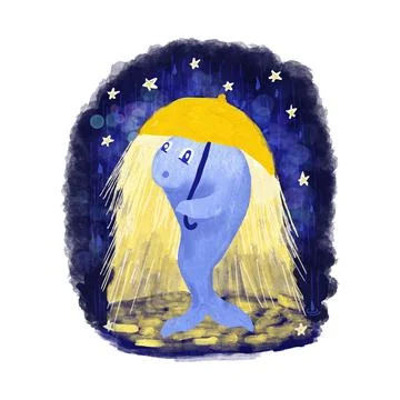 Hand drawn illustration of cute blue whale standing with yellow umbrella in Stock Illustration