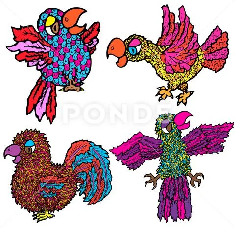 Hand Drawn Illustration of Cute Cartoon Birds Stock Illustration