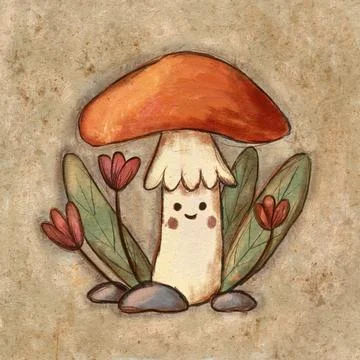 Hand drawn illustration of cute fall autumn mushroom with face grass leaves Stock Illustration