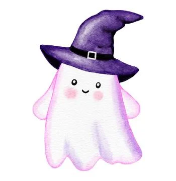 Hand drawn illustration of cute purple Halloween ghost in witch hat with trick Stock Illustration