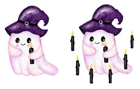 Hand drawn illustration of cute purple Halloween ghost in witch hat with trick Stock Illustration
