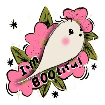 Hand drawn illustration of cute white orange Halloween ghost in with flowers Stock Illustration