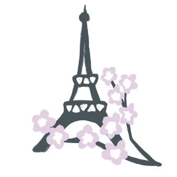 Hand drawn illustration with eiffel tower cherry blossom flowers on blue Stock Illustration