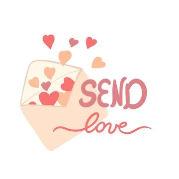 Hand drawn illustration of envelope with red hearts and send love lettering Stock Illustration