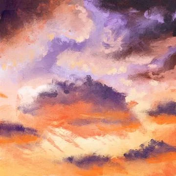 Hand drawn illustration of evening sky sunset, sea ocean water surface orange Ilustração Stock