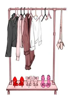 Hand-drawn illustration of fashion designer clothes on a hanger. Clothes rack Stock Illustration
