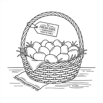 A hand-drawn illustration featuring a wicker basket filled with fresh farm .. Иллюстрация