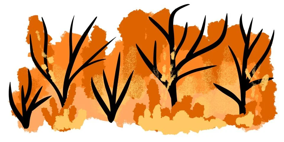 Hand drawn illustration of forest fire with black trees wood woodland in blazing Stock Illustration