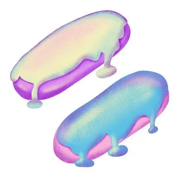 Hand drawn illustration of french eclair pasty in pastel blue pink purple. Sweet Illustrazione stock