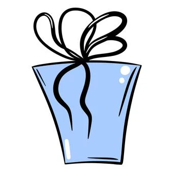 Hand drawn illustration of gift present box with black outline line bow ribbon Stock Illustration