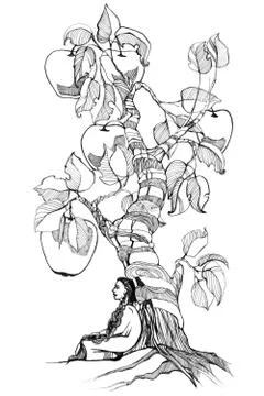 Hand-drawn illustration of a girl sitting near an apple tree Stock Illustration