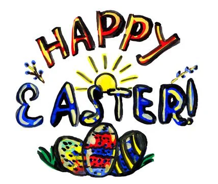Hand drawn illustration Happy Easter. Acrylic painting. Stock Illustration