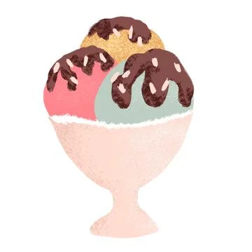 Hand drawn illustration of ice cream in cup bowl, retro vintage style. Pink mint Stock Illustration