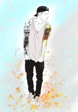 Hand-drawn illustration of an imaginary boy with bright tattoos Stock Illustration