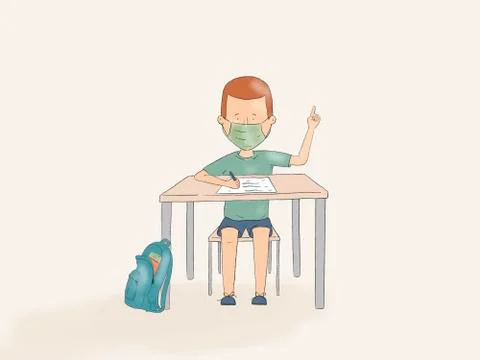 Hand drawn illustration of a kid using face mask pointing up on a school desk Stock Illustration