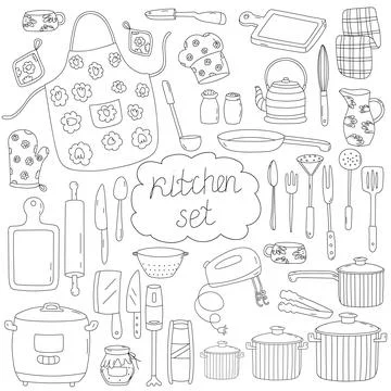 Hand drawn illustration kitchen tools. Stock Illustration