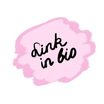 Hand drawn illustration of link in bio pink shape sticker. Words in black Stock Illustration