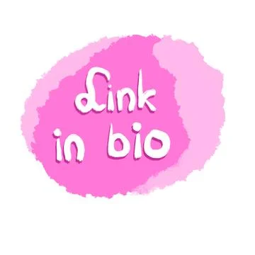Hand drawn illustration of link in bio pink shape sticker. Words in white Ilustração Stock
