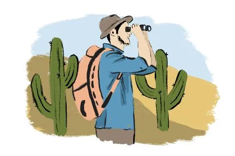 Hand drawn illustration of man with binoculars rucksack backpack. Desert Stock Illustration