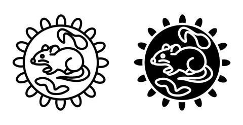 Hand-drawn illustration of a mouse with sun and abstract elements Stock Illustration