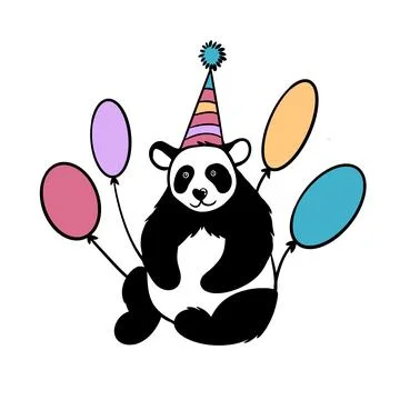 Hand drawn illustration of panda bear having birthday party with balloons. Funny Stock Illustration