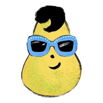 Hand drawn illustration of pear fruit in funny cartoon style, black hair blue Stock Illustration