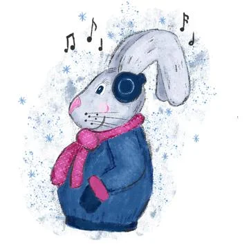 Hand drawn illustration of rabbit hare bunny. Winter new year christmas cartoon Stock Illustration