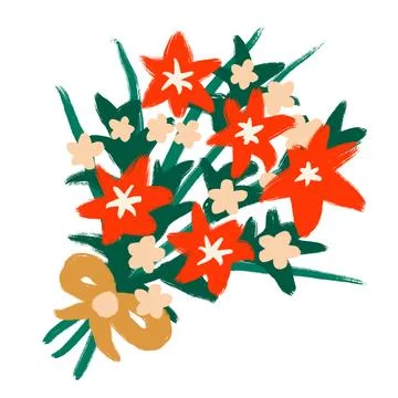 Hand drawn illustration of red bright colorful flowers wildflowers in bouquet Stock Illustration
