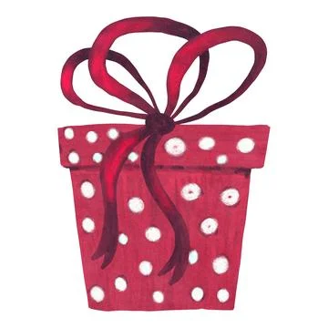 Hand drawn illustration of red gift present box with ribbon bow. Cute funny Stock Illustration