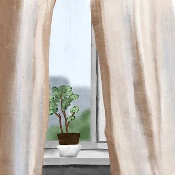 Hand drawn illustration of room window windowsill with houseplant, city town Stock Illustration