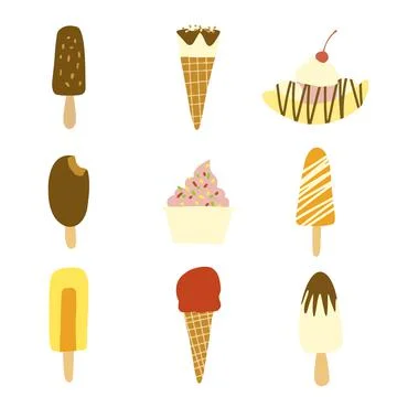 Hand drawn illustration of set of various types of ice cream including frozen Stock Illustration