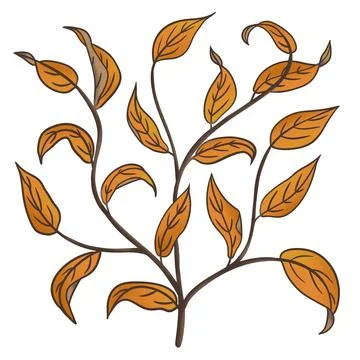Hand drawn illustration of thin tree branches twigs with yellow orange leaves Stock Illustration