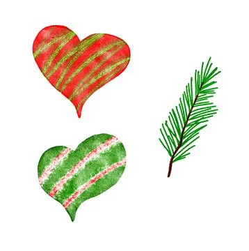 Hand drawn illustration of two christmas red green hearts and pine spruce Stock Illustration