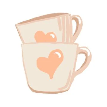 Hand drawn illustration of two coffee cups with orange hearts. Valentine day Stock Illustration
