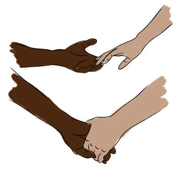 Hand drawn illustration of two human person hands holding idifferent skin colors Stock Illustration