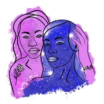 Hand drawn illustration of two lesbian lgbtq couple women. Bright colorful Stock Illustration