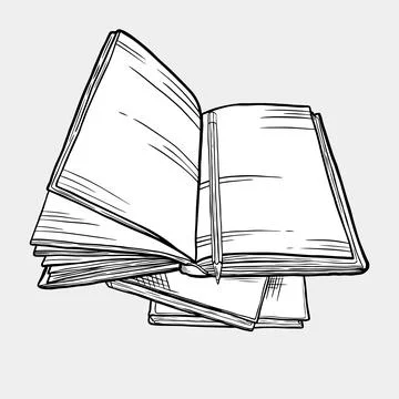 Hand-drawn illustration of two open books stacked with visible pages and a .. Stock Illustration