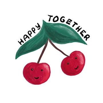 Hand drawn illustration of two red cherru berries happy together. Fruit love Stock Illustration