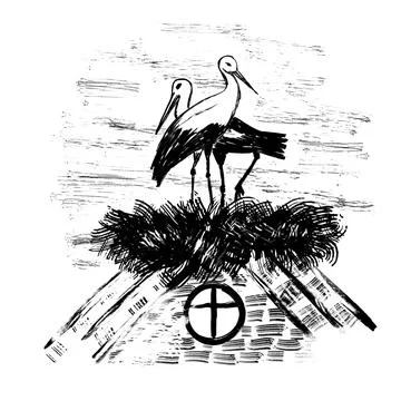 Hand drawn illustration of two storks in nest on roof. Bird family animal Stock Illustration