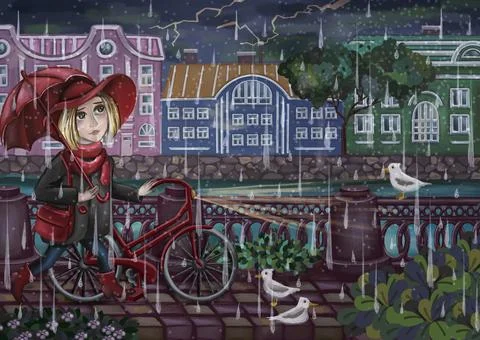 Hand drawn illustration walking through the rainy old town Stock Illustration