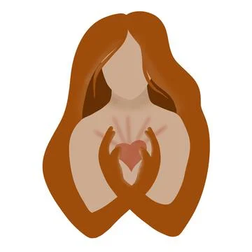 Hand drawn illustration of white red hair woman holding shining healing heart in Stock Illustration