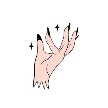 Hand drawn illustration of witch hand with black fingernails nails stars Stock Illustration