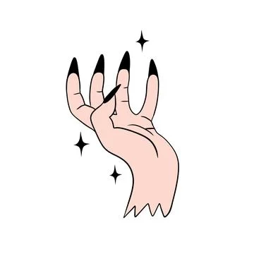 Hand drawn illustration of witch hand with black fingernails nails stars Stock Illustration
