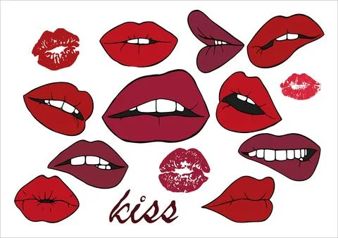 Hand-drawn illustrations. Set of red vector lips 스톡 일러스트
