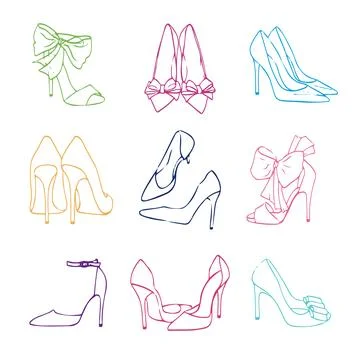 Hand-drawn illustrations. Set of vector colorful high heel shoes 스톡 일러스트