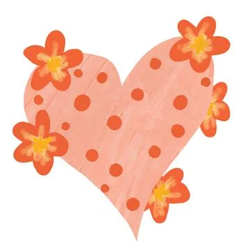 Hand drawn ilustration of orange peach heart shape with floral flowers. St Stock Illustration