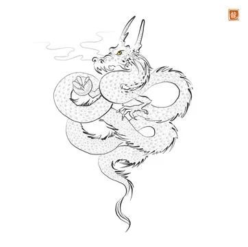 Hand drawn image of dragon in oriental style on white background. Translation of Illustrazione stock