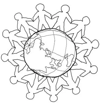 Hand-drawn image of men standing around the globe Stock Illustration