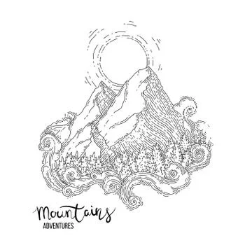 Hand drawn image of a mountain peak, engraving style, grunge textured Stock Illustration