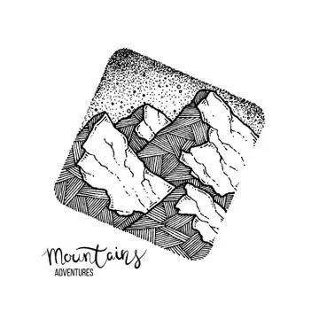 Hand drawn image of a mountain peak, engraving style, grunge textured Stock Illustration